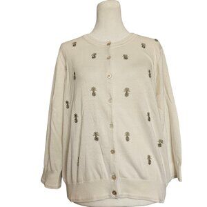 Tommy Bahama Pineapple Beaded Cardigan Sweater Women SZ Large 3/4 sleeve Pima